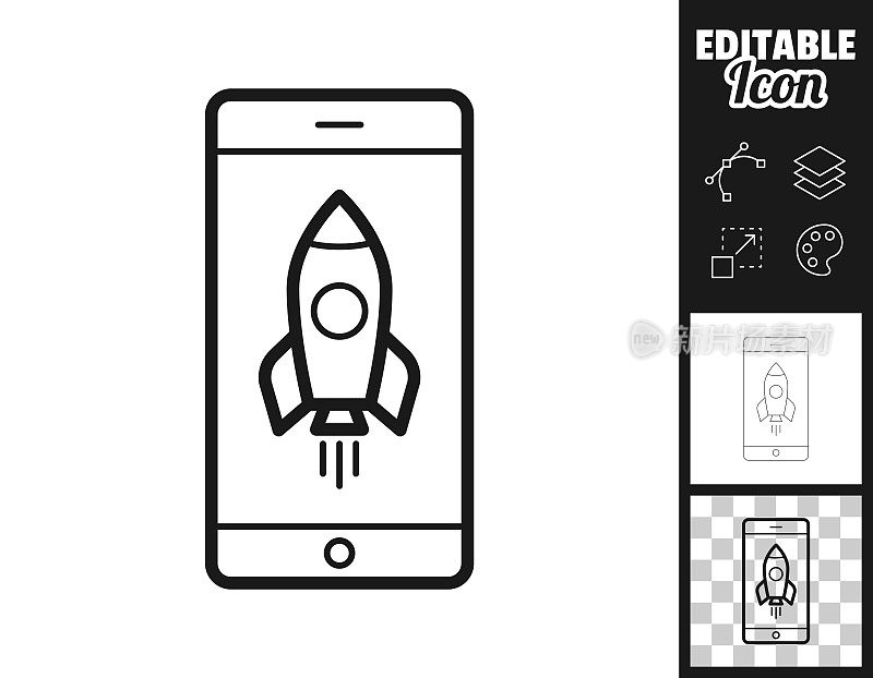 智能手机与火箭。图标设计。轻松地编辑