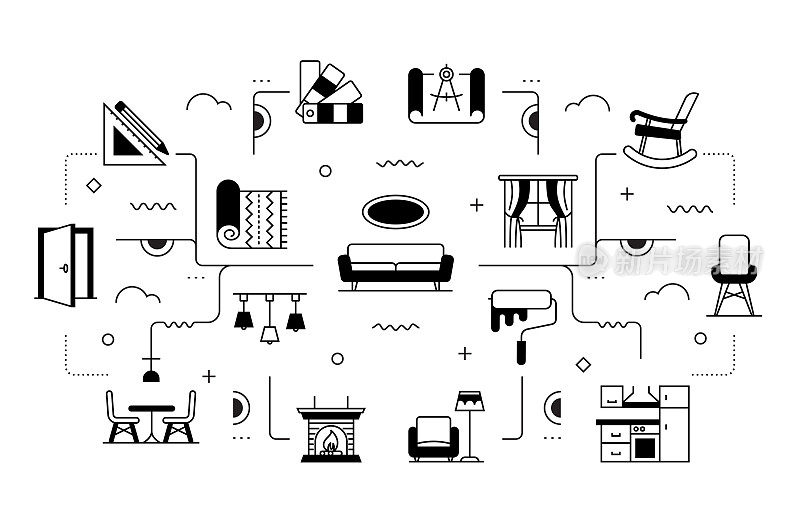 家居装饰与室内设计相关的矢量横幅设计概念，现代线条风格与图标