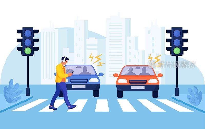 行人在人行横道发生意外。戴着智能手机和耳机的男子闯红灯过马路。道路安全。汽车车辆事故危险，街道交通规则。城市的生活方式