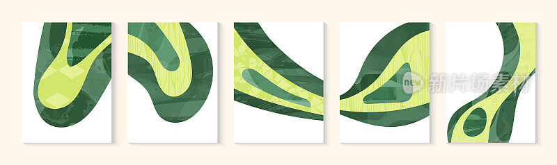 绿色抽象稻田俯视图与纹理向量背景。自然图案，生态插画，乡村海报设计。集农业景观，集简约生态海报