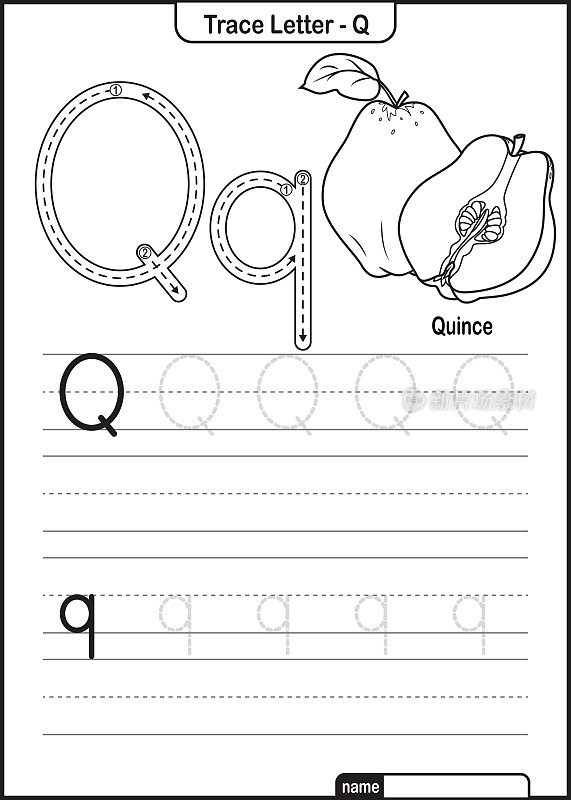 字母跟踪字母A到Z学龄前工作表与字母Q昆斯Pro矢量