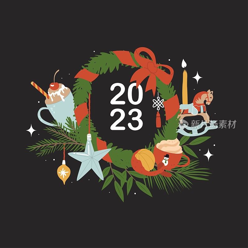 装饰小装饰与数字2023。圣诞节和新年。问候的节日卡片。装饰圣诞树的树枝，玩具，蜡烛和糖果。平面风格的矢量插图。