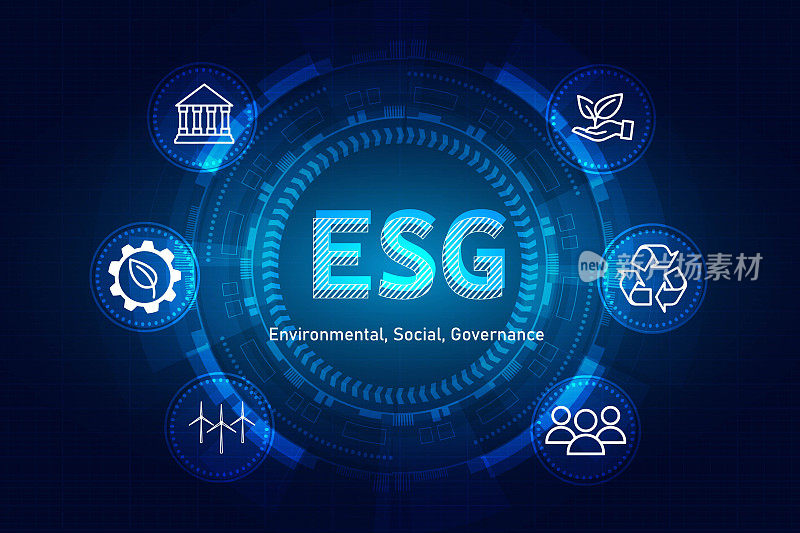 环境、社会和治理(ESG)。可持续经营理念。蓝色背景矢量设计。
