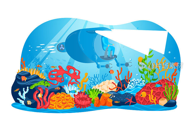 水下船舶探索者海洋自主rov机械手或机械臂矢量插图。现代遥控水下航行器。用于深海水下勘探的虚拟水下无人机或机器人