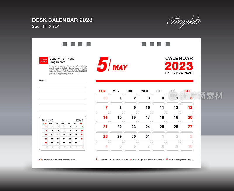 2023年5月模板-台历2023年模板，2023年挂历2023年，周开始周日，计划表设计，文具设计，传单设计，印刷媒体，红色概念设计