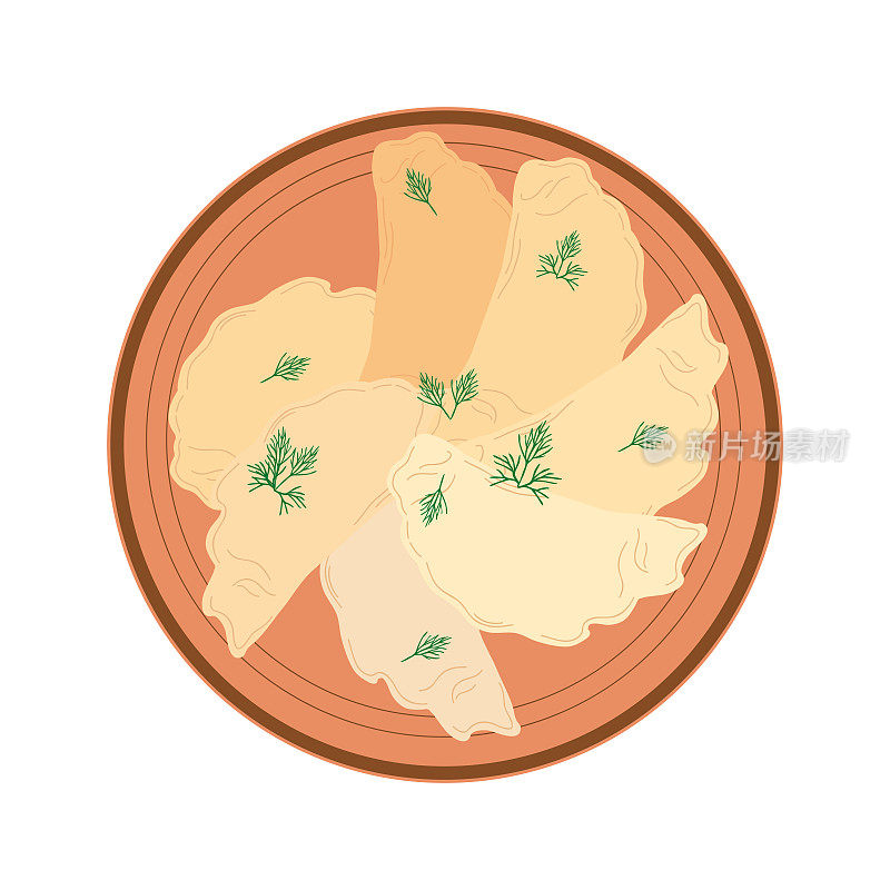 盘子里饺子的图标。平面风格的矢量插图
