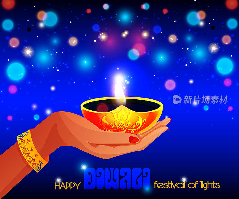 现实风格的Deepavali或排灯节的概念。女人手握油灯与印度印度教装饰燃烧的蜡烛芯和兰戈里装饰抽象多彩的节日背景。