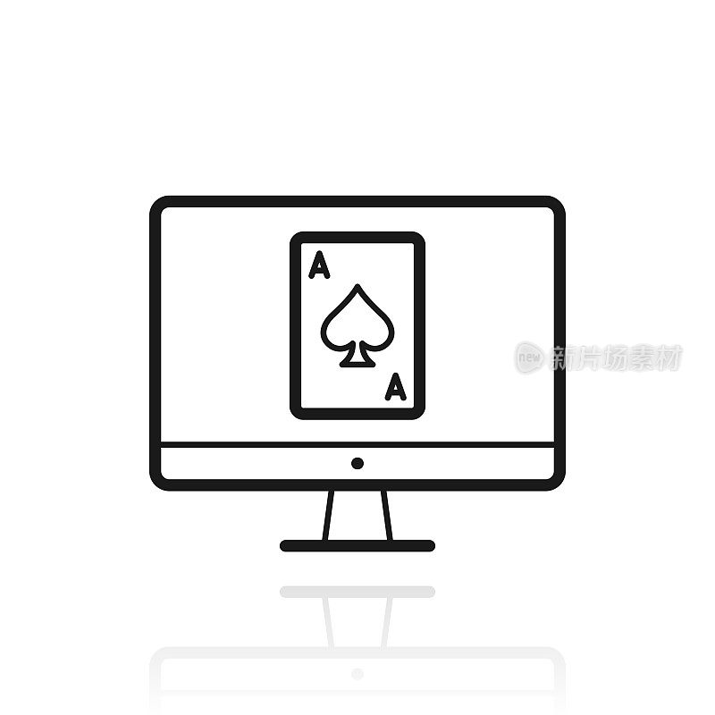 台式电脑带扑克牌。白色背景上反射的图标