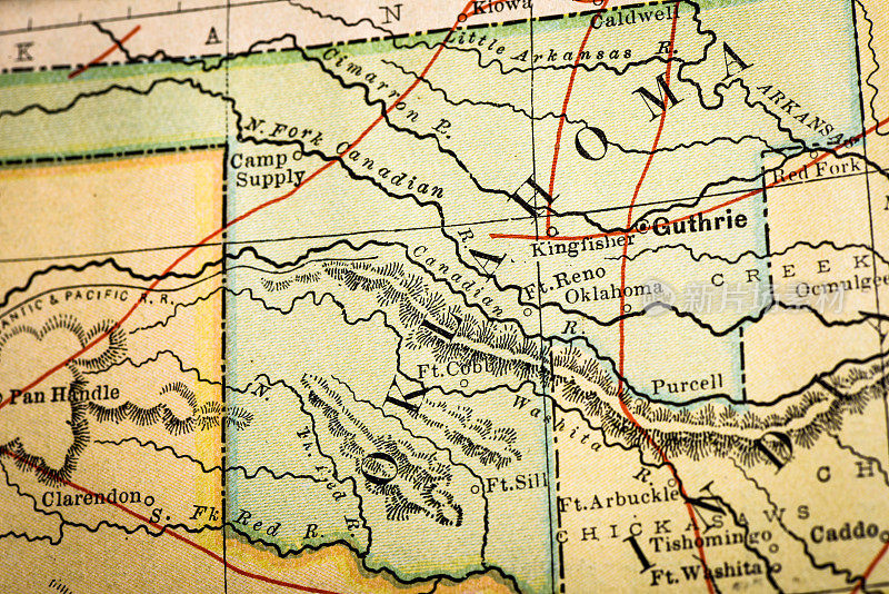 古董地图集地图宏观特写:俄克拉荷马州