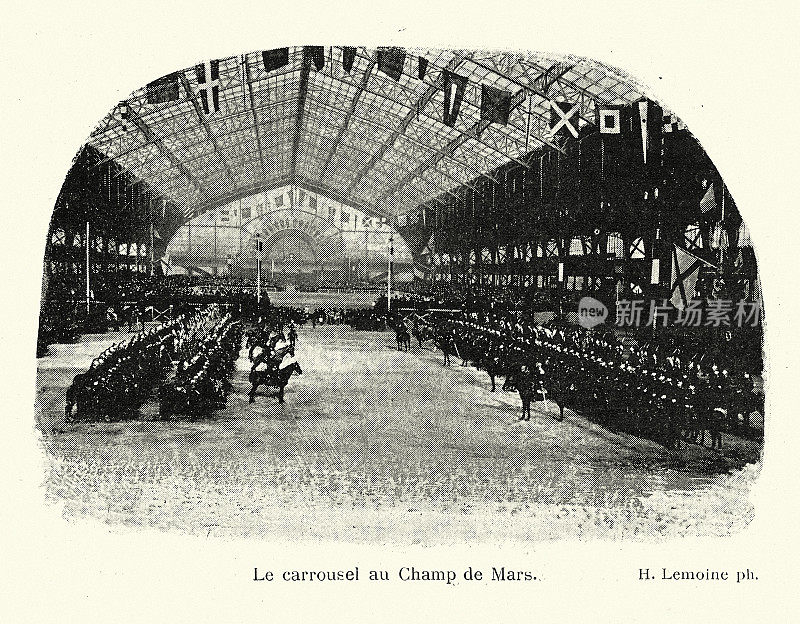 阅兵式，马尔斯广场旋转木马，巴黎，1890年代，19世纪，Vintahe照片