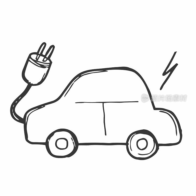 白色背景上的电动汽车概念涂鸦草图。电动汽车涂鸦艺术。卡通矢量插图。孤立的素描线艺术。图标在手绘设计风格。