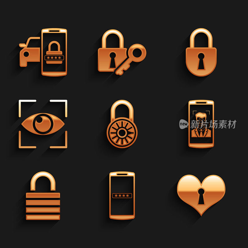 设置安全密码锁轮、手机和密码、带锁孔的心脏、人脸识别、锁和眼睛扫描图标。向量