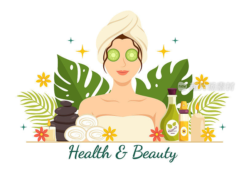 美容和健康插图与天然化妆品和生态产品的问题皮肤或治疗脸在女性卡通手绘模板