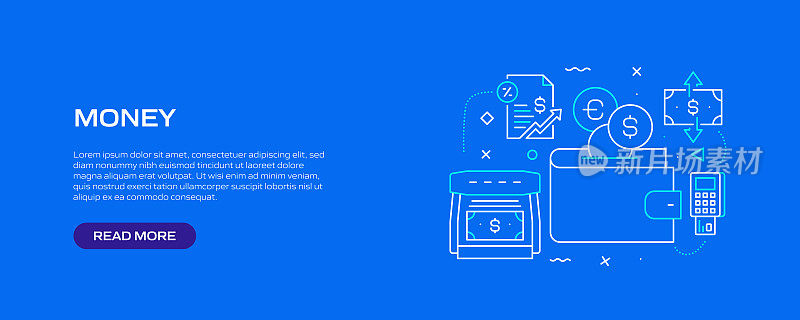 金钱相关的线条风格横幅设计网页，标题，宣传册，年度报告和书籍封面