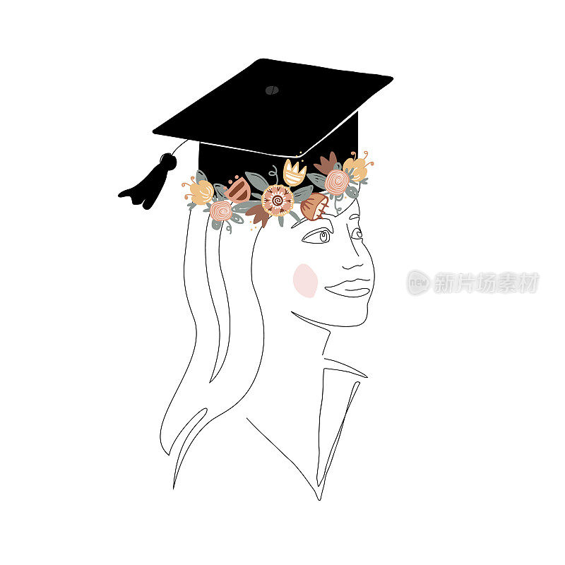 可爱的女孩剪影在毕业帽装饰涂鸦花花环。快乐的研究生。斯堪的纳维亚和连续的线条风格。矢量隔离图