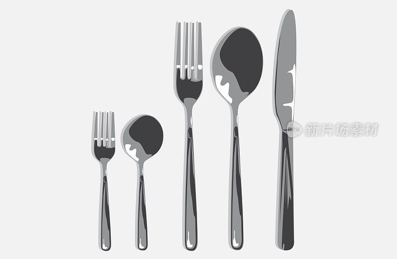 餐具集合。叉子，勺子，刀，小勺子和小叉子。
