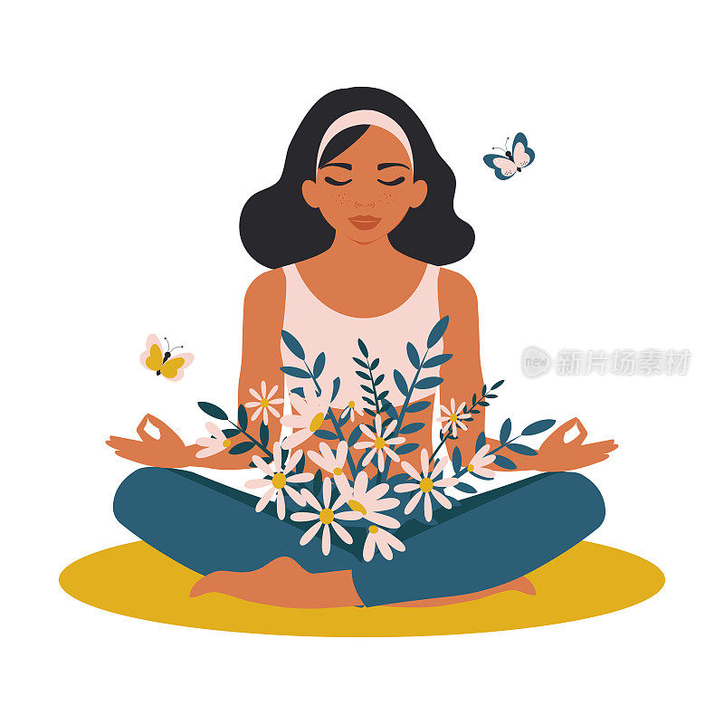 一个女人盘腿坐着冥想。从她内心的平静与和谐中，鲜花盛开，蝴蝶飞舞。向量。