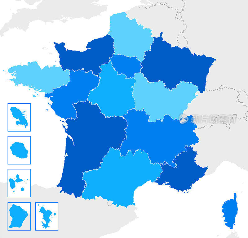 高详细的法国蓝色地图与地区和国界的英国，安道尔，西班牙，比利时，卢森堡，瑞士，德国，意大利