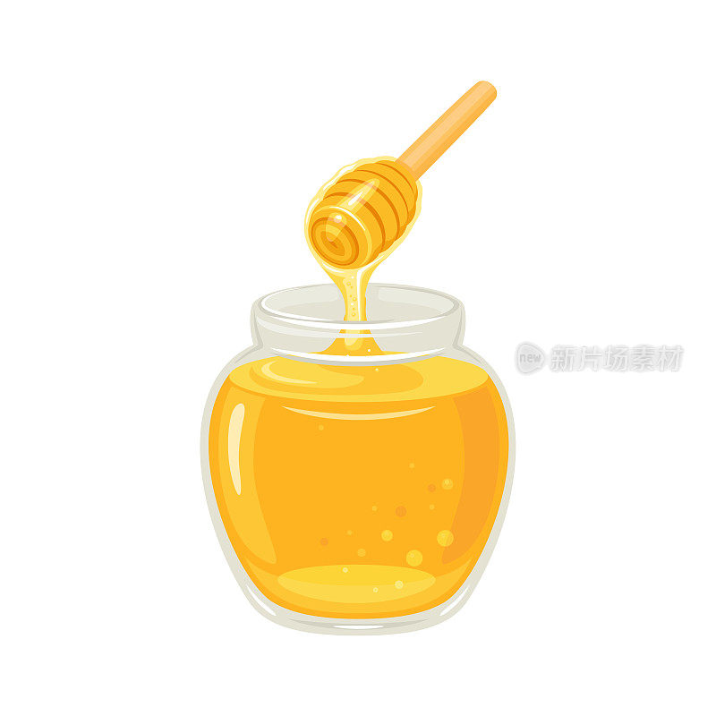 玻璃罐里的蜂蜜和木勺里滴下的蜂蜜。矢量卡通平面插图。