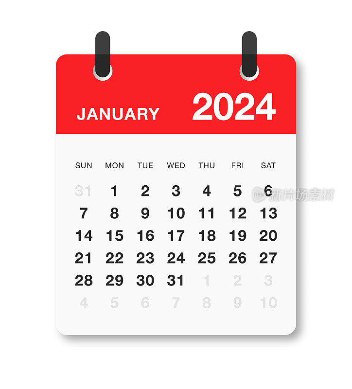 每月2024年1月日历星期日开始