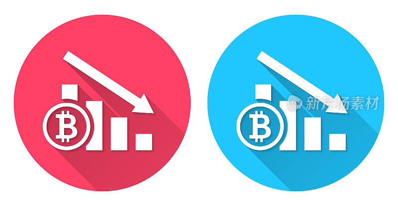 比特币价格下降图表。圆形图标与长阴影在红色或蓝色的背景