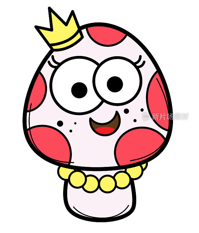 蘑菇女王滑稽的卡通王冠和珍珠项链