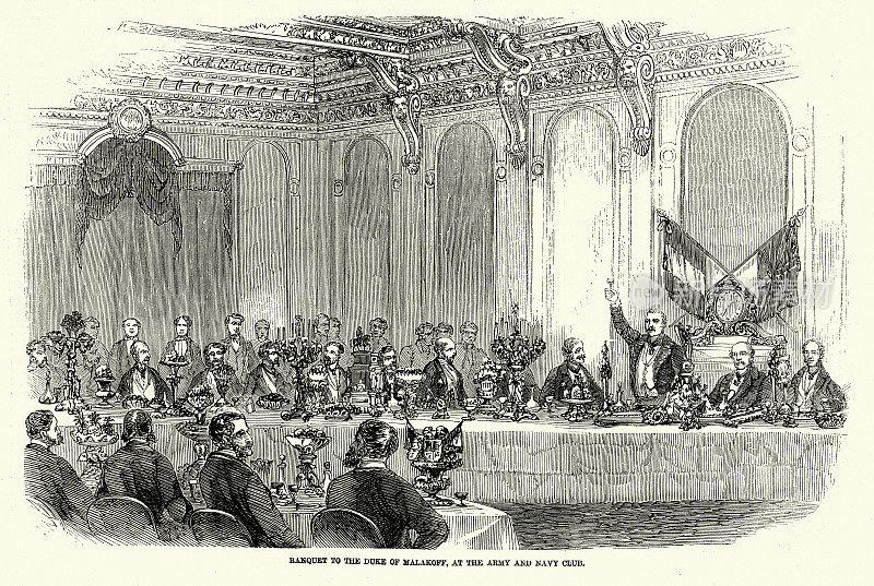 为马拉科夫公爵举行的宴会，在陆军和海军俱乐部，伦敦，维多利亚时代，19世纪，1850年代