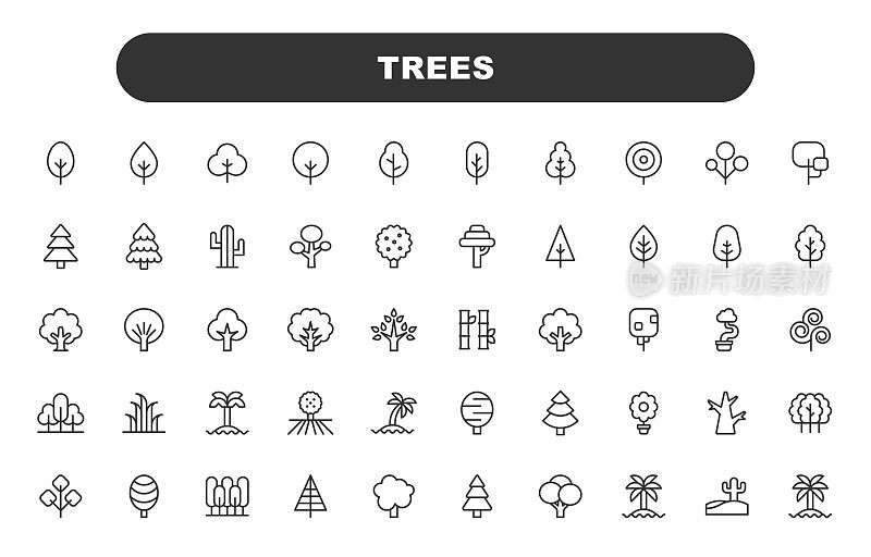 树线图标。可编辑的中风。包含森林，自然，户外，环境，生态，种子，公园，枫，松，冷杉等图标。