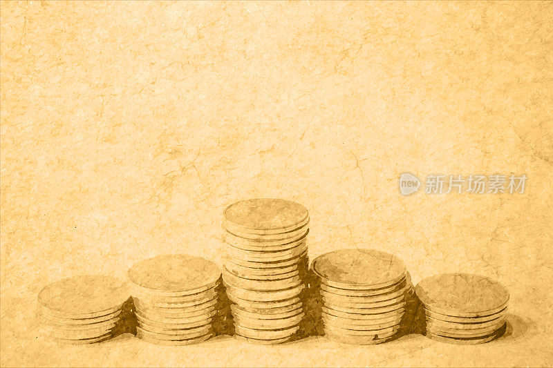 矢量插图的跟踪的钱堆或一堆旧的褪色的苦恼的金色货币硬币安排为山或集或堆丰富的钱在米色的复古经典风格的水平背景与复制空间