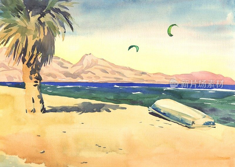 海景。帕尔玛和岸边的船。这幅画。水彩