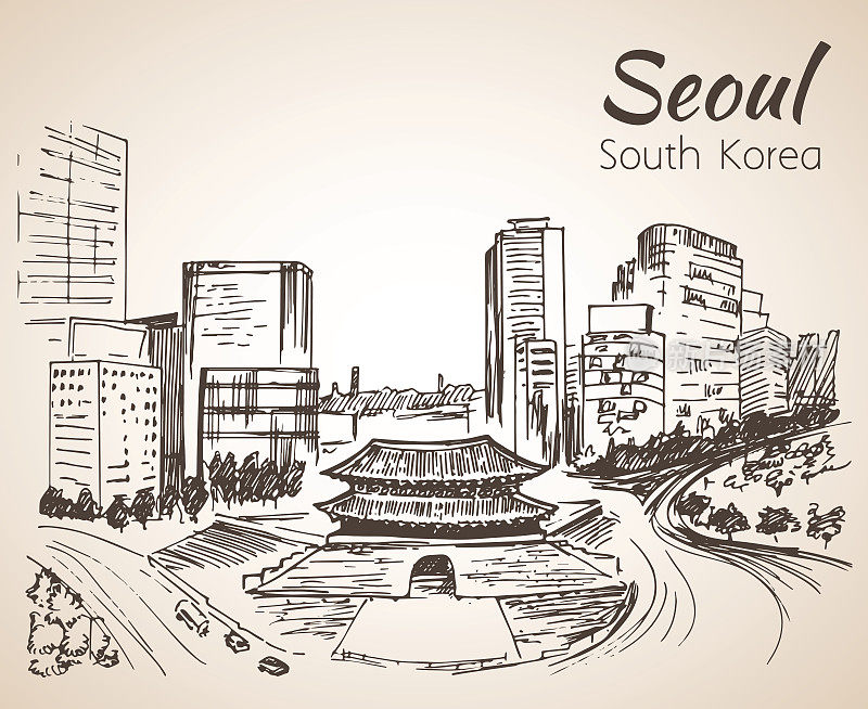 南大门-首尔城市景观，手绘。韩国。草图。