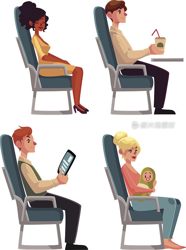 各种各样的乘客，飞机上的男人和女人