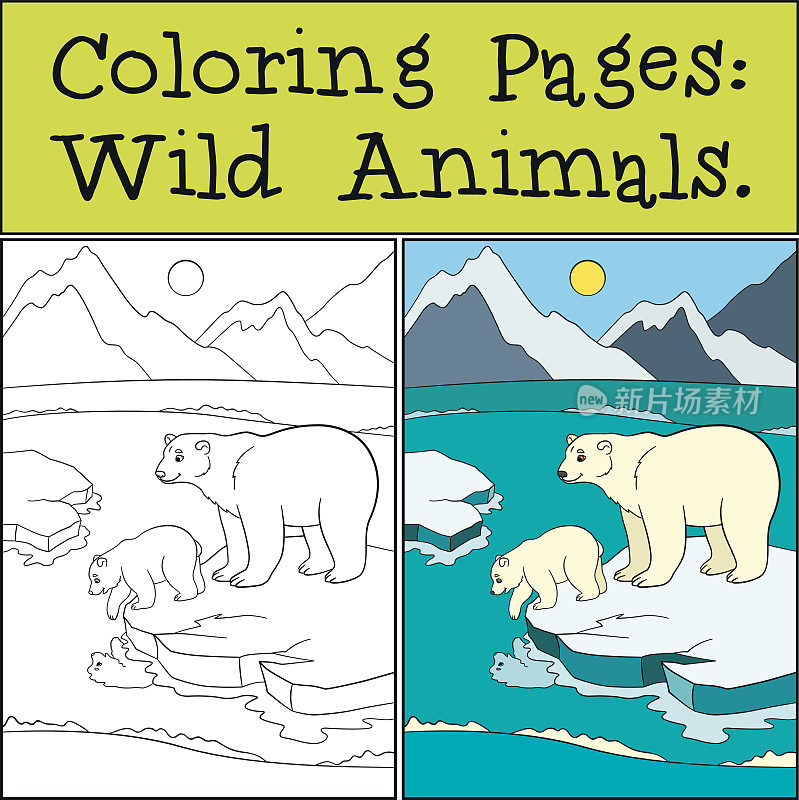 涂色页:野生动物。北极熊妈妈和她的孩子。