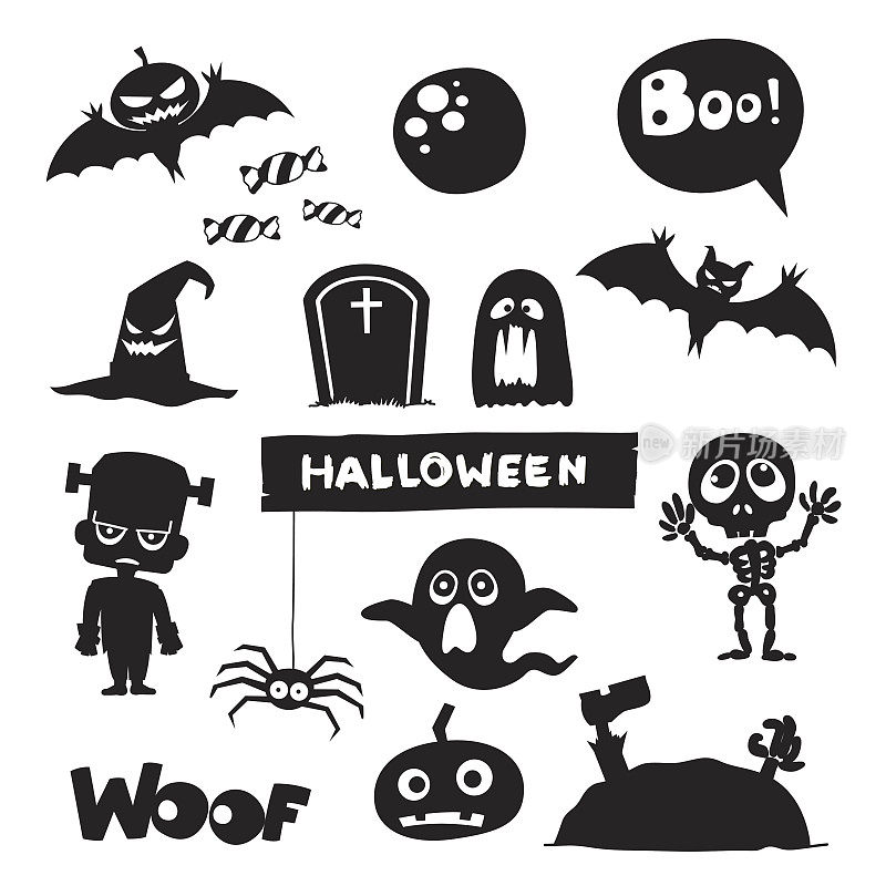 矢量字符集的角色和图标为万圣节在卡通风格。南瓜、鬼魂、糖果、弗兰肯斯坦、骷髅等万圣节传统元素。孩子们穿着万圣节服装。