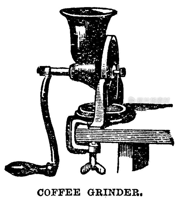 19世纪的家庭主妇和厨师用的咖啡研磨机上的一个夹子的维多利亚插图;完整的文本;出自比顿夫人1899年的烹饪书