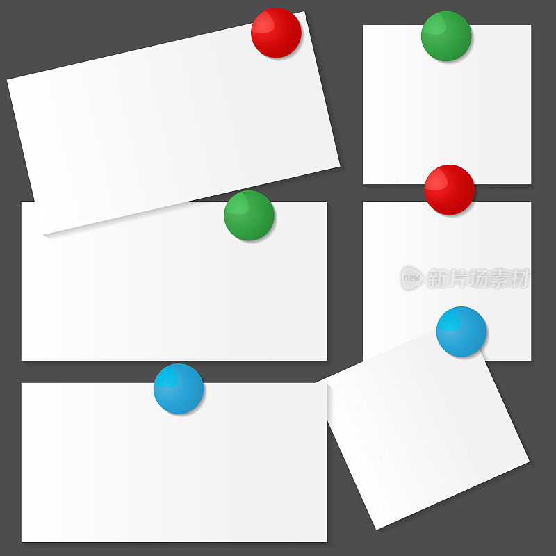 向量白色便条纸与红，蓝，绿磁铁上的黑色