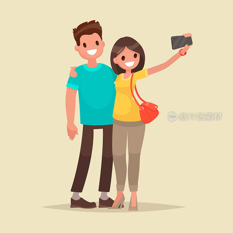 幸福的情侣正在自拍。男人和女人一起拍照。矢量图