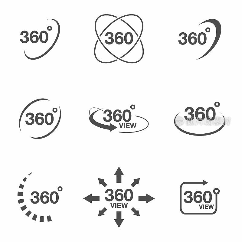 360度视图相关图标设置。标志和箭头表示旋转和全景，VR技术图标
