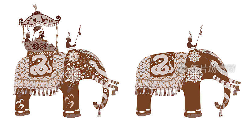 人们坐在大象上，骑在上面。矢量插图。古色古香的设计。