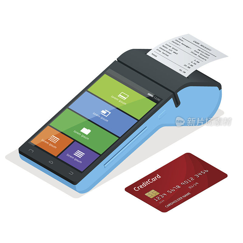 矢量支付机和信用卡。POS终端通过借记卡、发票等方式确认付款。平面设计中的等距插图。NFC支付概念