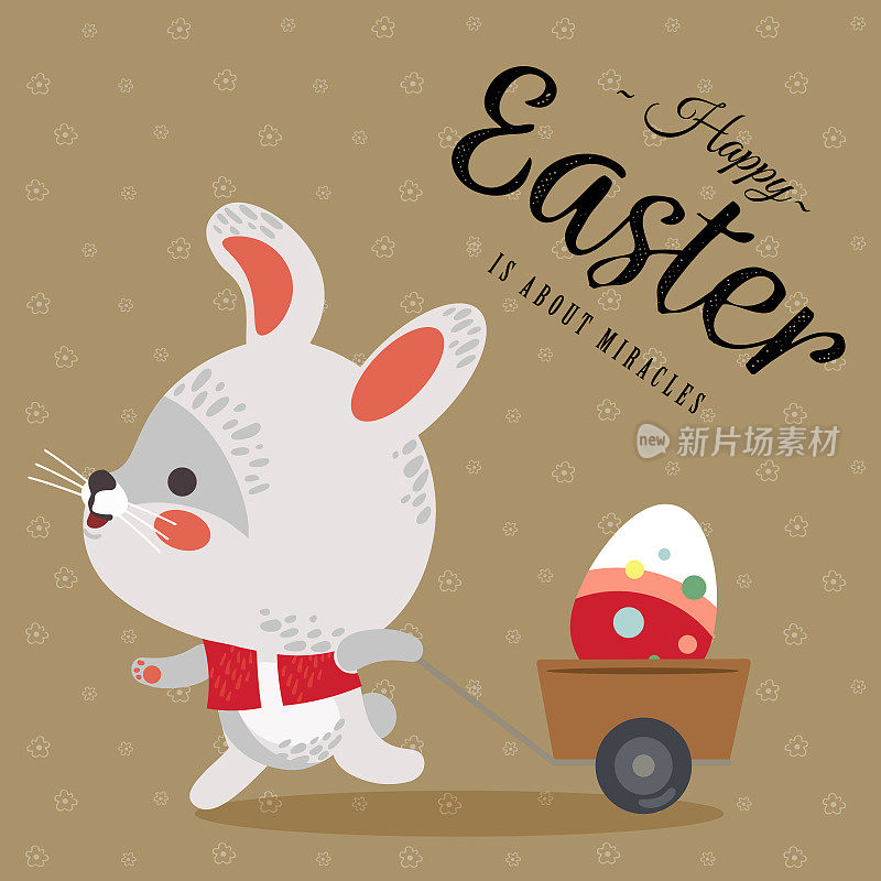 复活节兔子拉着一辆小车，可爱的小白兔抱着装饰彩蛋，快乐的节日猎人矢量贺卡，春天野兔孤立插图