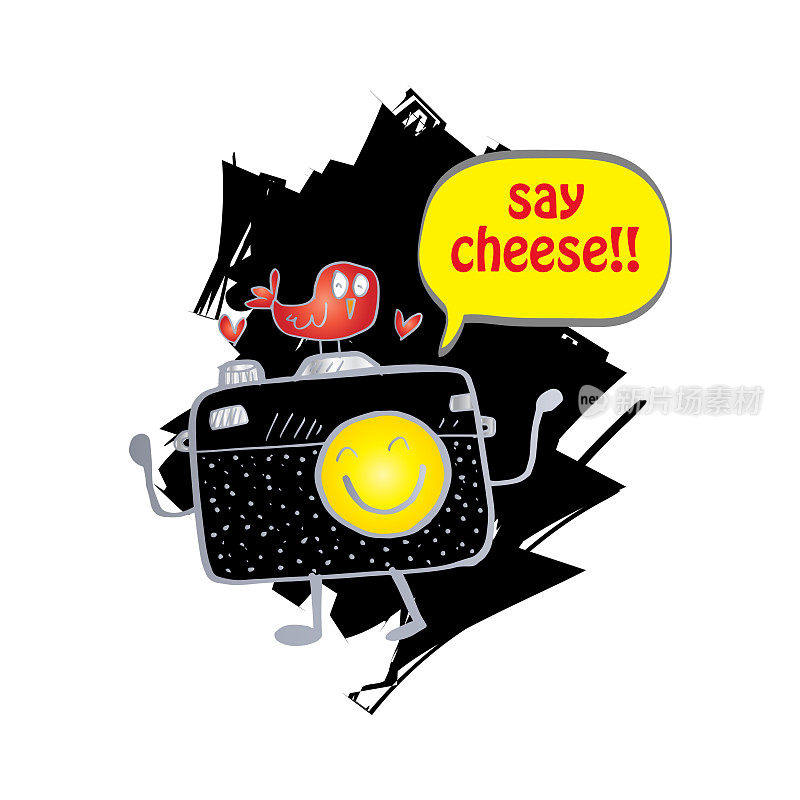 说奶酪文字气球和可爱的卡通相机
