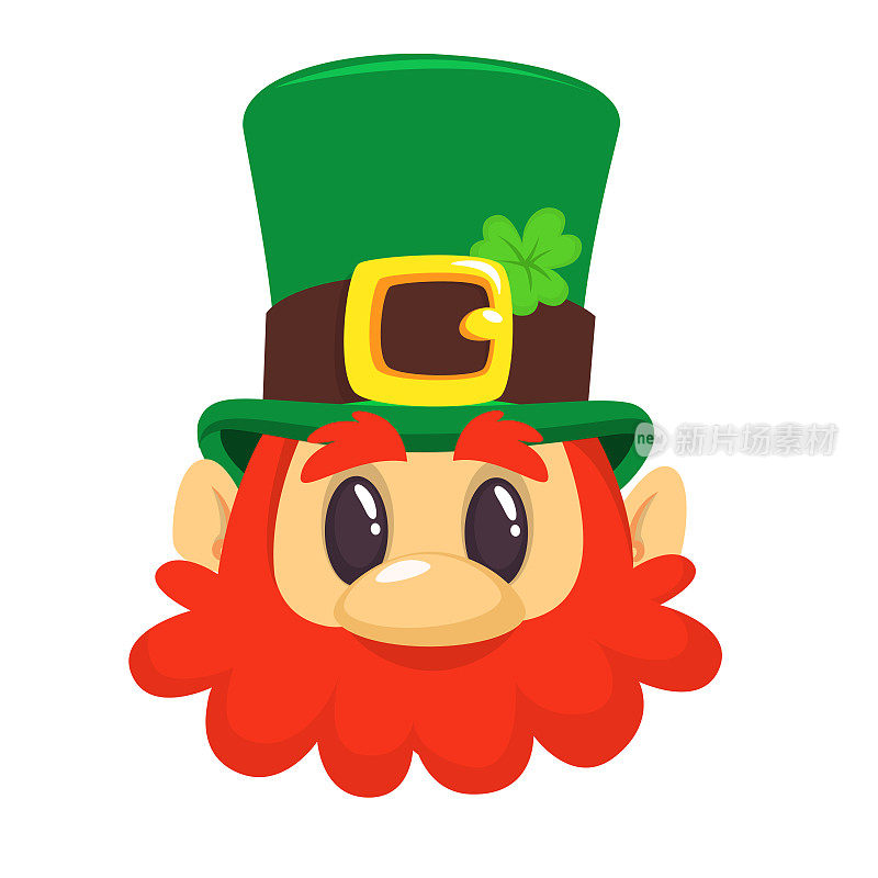 绿帽子脸的小妖精。红胡子的头。爱尔兰圣帕特里克节庆祝肖像
