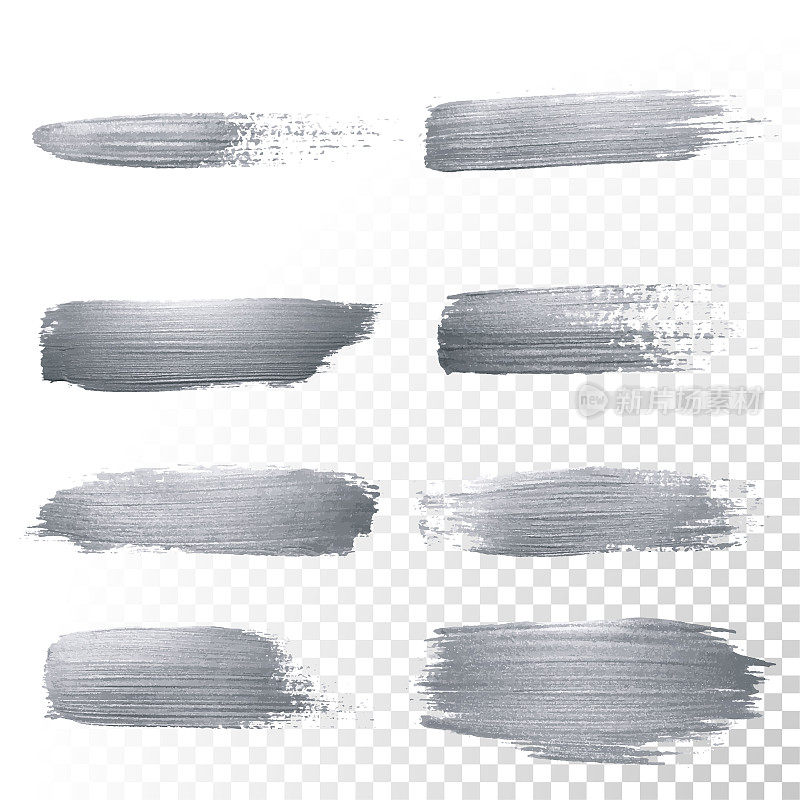 银色闪光油漆刷的笔触设置或抽象dab涂抹与污迹纹理透明的背景。矢量隔离套闪闪银漆油墨喷溅为豪华化妆品设计