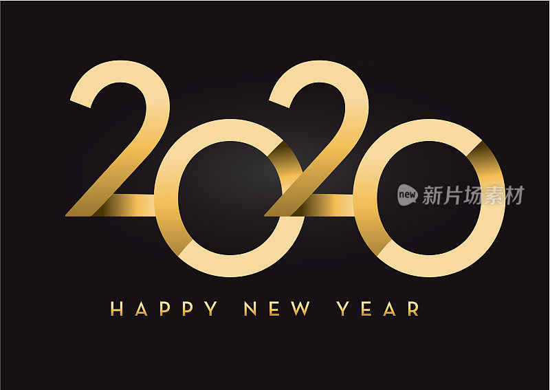 2020年新年快乐贺卡横幅设计在金色和闪闪发光的文字