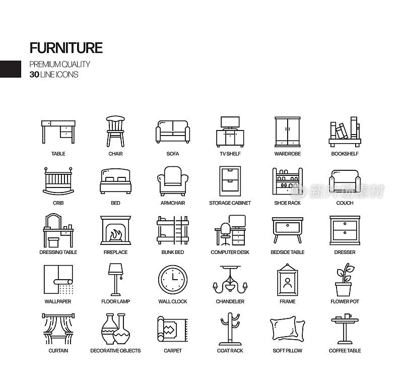 家具相关矢量线图标的简单设置。大纲符号集合。