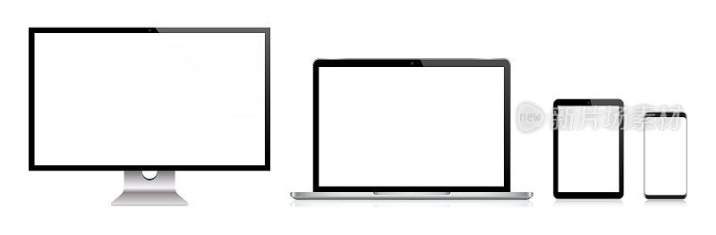 PC显示器，电视，笔记本电脑，平板电脑，智能手机，手机在黑色和银色反射，现实的矢量插图