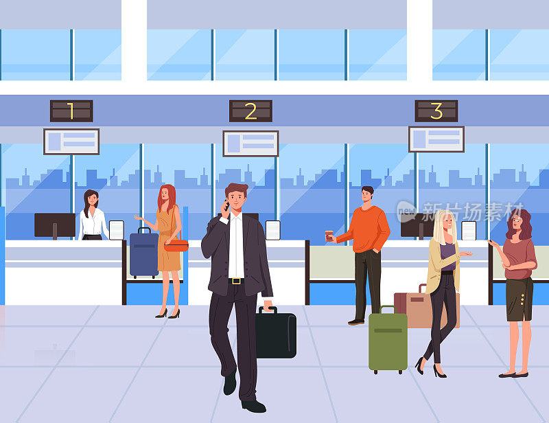人们、旅客、旅客在机场等待登机。矢量平面设计插图