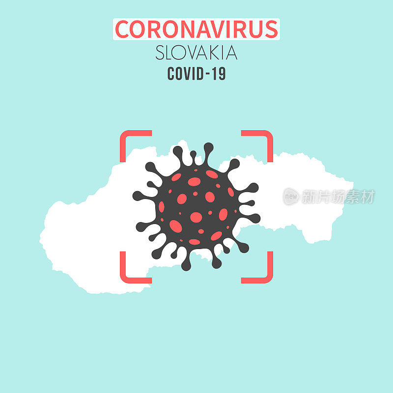 斯洛伐克地图，红色取景器为冠状病毒细胞(COVID-19)