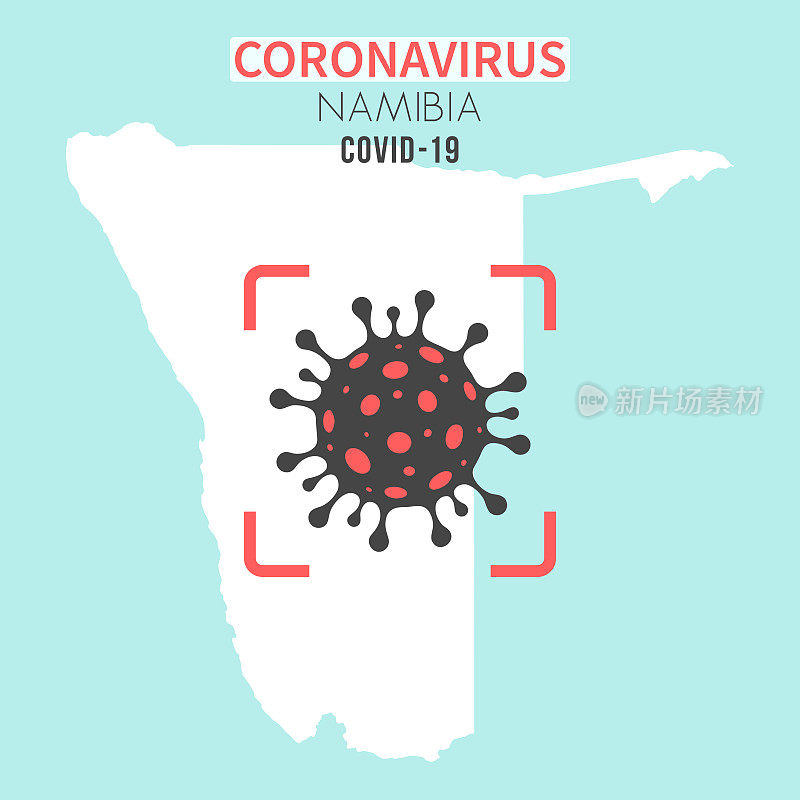 纳米比亚地图，红色取景器中有冠状病毒细胞(COVID-19)